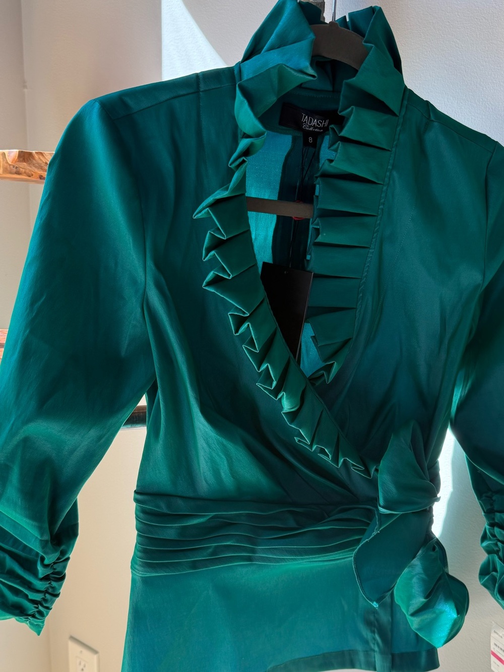 Tadashi Emerald Green Faux Wrap with bow - modern ruffle hidden zipper W 8